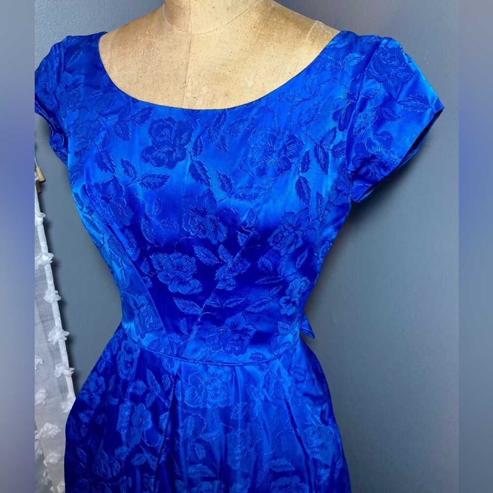Royal blue vintage retro floral cocktail dress 50s/60 midi aline bow prom madmen - Picture 10 of 13